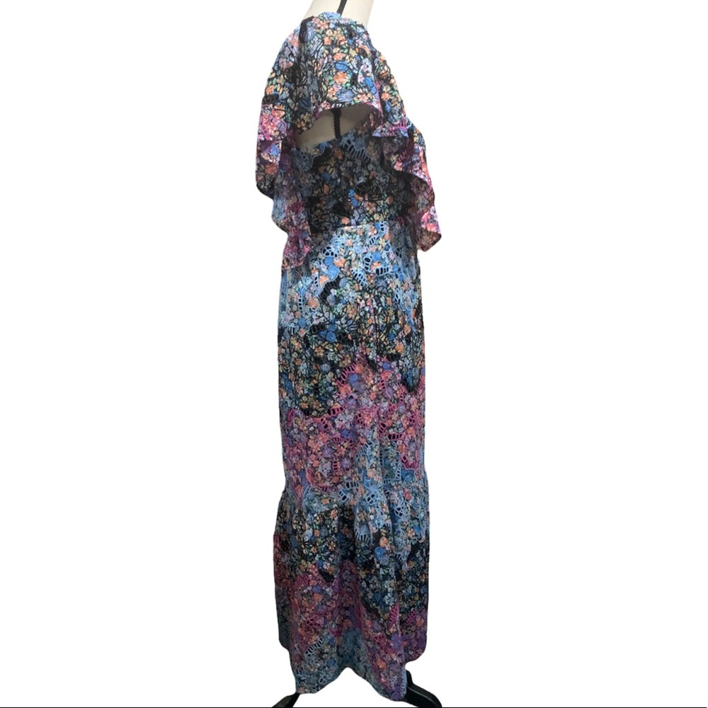 Anthropologie Blue Black Pink Floral Embroidery Ruffle Eyelet Lined Maxi Dress - Picture 4 of 16